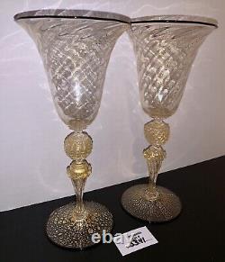2 Murano Wine Water Glasses Venetian Italy Gold Fleck Swirl Black Rim Vtg