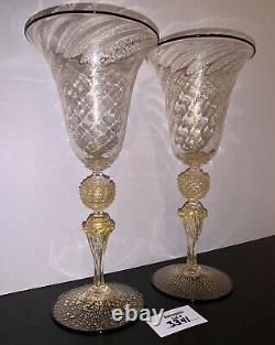 2 Murano Wine Water Glasses Venetian Italy Gold Fleck Swirl Black Rim Vtg