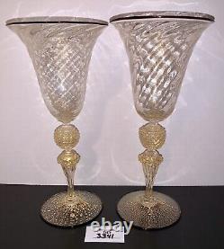 2 Murano Wine Water Glasses Venetian Italy Gold Fleck Swirl Black Rim Vtg
