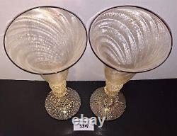 2 Murano Wine Water Glasses Venetian Italy Gold Fleck Swirl Black Rim Vtg