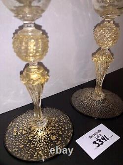 2 Murano Wine Water Glasses Venetian Italy Gold Fleck Swirl Black Rim Vtg