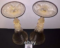 2 Murano Wine Water Glasses Venetian Italy Gold Fleck Swirl Black Rim Vtg