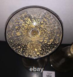 2 Murano Wine Water Glasses Venetian Italy Gold Fleck Swirl Black Rim Vtg