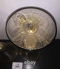 2 Murano Wine Water Glasses Venetian Italy Gold Fleck Swirl Black Rim Vtg