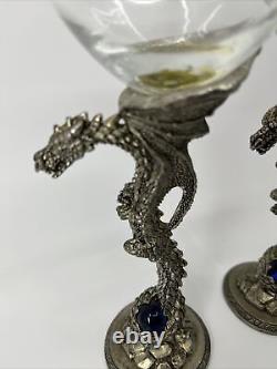 2 New Heavy Vintage Zwiesel Glas Pewter Gothic Dragon Stem Wine Glasses 9.5