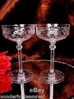 2 RARE Antique WHEEL CUT GLASS Crystal Wine Champagne Glasses CUT STEM& RINGS