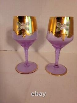 2 Rare Vtg Murano Neodymium Wine Glasses 6 1/2 Color Change Gilded Enameled