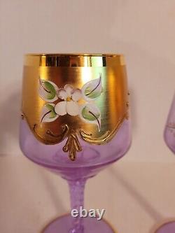 2 Rare Vtg Murano Neodymium Wine Glasses 6 1/2 Color Change Gilded Enameled
