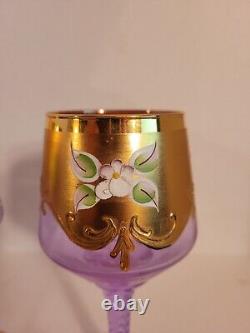 2 Rare Vtg Murano Neodymium Wine Glasses 6 1/2 Color Change Gilded Enameled