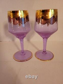 2 Rare Vtg Murano Neodymium Wine Glasses 6 1/2 Color Change Gilded Enameled