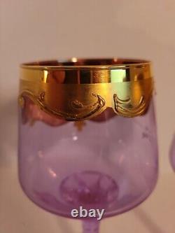 2 Rare Vtg Murano Neodymium Wine Glasses 6 1/2 Color Change Gilded Enameled