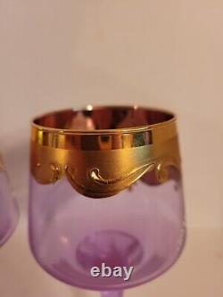 2 Rare Vtg Murano Neodymium Wine Glasses 6 1/2 Color Change Gilded Enameled