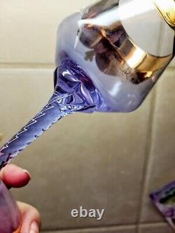 2 Rare Vtg Murano Neodymium Wine Glasses 6 1/2 Color Change Gilded Enameled