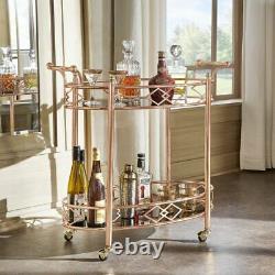 2 Tier Serving Bar Rolling Cart Kitchen Wine Storage Vintage Rose Gold Holder