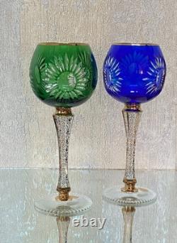 2 VTG Bohemia Green and Blue Glasses with Gold Trim and Gold Decorated Stem