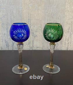 2 VTG Bohemia Green and Blue Glasses with Gold Trim and Gold Decorated Stem