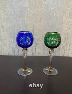 2 VTG Bohemia Green and Blue Glasses with Gold Trim and Gold Decorated Stem