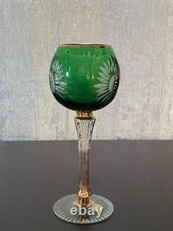 2 VTG Bohemia Green and Blue Glasses with Gold Trim and Gold Decorated Stem