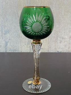 2 VTG Bohemia Green and Blue Glasses with Gold Trim and Gold Decorated Stem