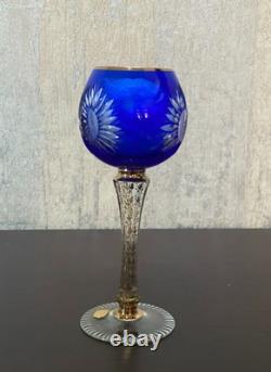 2 VTG Bohemia Green and Blue Glasses with Gold Trim and Gold Decorated Stem