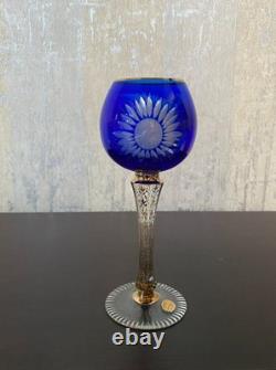 2 VTG Bohemia Green and Blue Glasses with Gold Trim and Gold Decorated Stem