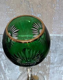 2 VTG Bohemia Green and Blue Glasses with Gold Trim and Gold Decorated Stem