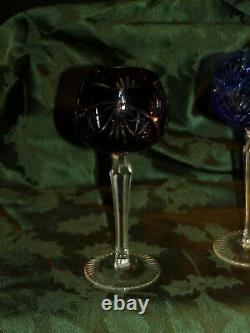 2 Val ST Lambert Ruby & Cobalt Cut to Clear Cased Crystal Wine Goblets Vintage