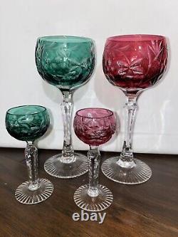 2 Vintage Ajka Green & Red Wine Glasses + 2 Matching Ajka Cordial Glasses. NICE