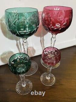 2 Vintage Ajka Green & Red Wine Glasses + 2 Matching Ajka Cordial Glasses. NICE