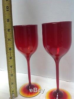 2 Vintage Josh Simpson Amberina Art Glass Wine Stems Goblets Signed 1981 8.25