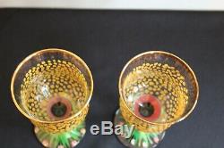 2 Vintage MACKENZIE CHILDS Painted Glass PICCADILLY CIRCUS Wine Goblets 5