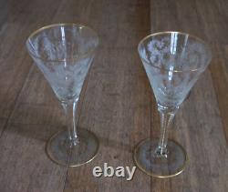 2 Vintage MOSER MAHARANI Engraved 8 Water Wine Crystal Goblet Glasses 24K Gold