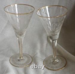 2 Vintage MOSER MAHARANI Engraved 8 Water Wine Crystal Goblet Glasses 24K Gold