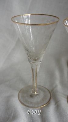 2 Vintage MOSER MAHARANI Engraved 8 Water Wine Crystal Goblet Glasses 24K Gold