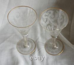 2 Vintage MOSER MAHARANI Engraved 8 Water Wine Crystal Goblet Glasses 24K Gold