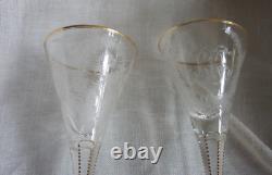 2 Vintage MOSER MAHARANI Engraved 8 Water Wine Crystal Goblet Glasses 24K Gold