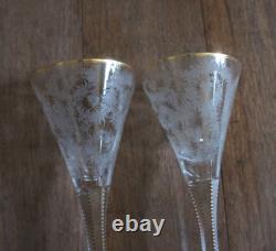 2 Vintage MOSER MAHARANI Engraved 8 Water Wine Crystal Goblet Glasses 24K Gold