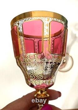 2 Vintage Moser Bohemian Cabochon Cranberry Gold Wine Glasses Goblets Stemware