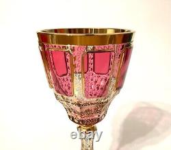 2 Vintage Moser Bohemian Cabochon Cranberry Gold Wine Glasses Goblets Stemware