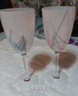 2 Vintage Signed Steven Maslach Art Wine Glass Goblets Frosted Glasses
