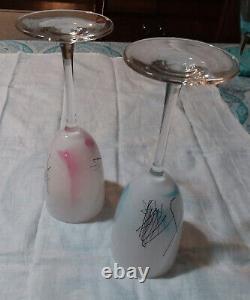 2 Vintage Signed Steven Maslach Art Wine Glass Goblets Frosted Glasses