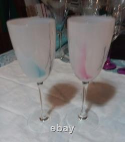 2 Vintage Signed Steven Maslach Art Wine Glass Goblets Frosted Glasses