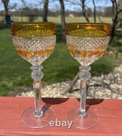 2 Vintage Yellow Bohemian Czech Cut To Clear Crystal Hock Wine Glass Goblet Stem