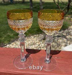 2 Vintage Yellow Bohemian Czech Cut To Clear Crystal Hock Wine Glass Goblet Stem