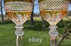2 Vintage Yellow Bohemian Czech Cut To Clear Crystal Hock Wine Glass Goblet Stem