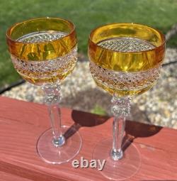 2 Vintage Yellow Bohemian Czech Cut To Clear Crystal Hock Wine Glass Goblet Stem