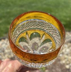 2 Vintage Yellow Bohemian Czech Cut To Clear Crystal Hock Wine Glass Goblet Stem