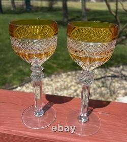 2 Vintage Yellow Bohemian Czech Cut To Clear Crystal Hock Wine Glass Goblet Stem