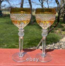 2 Vintage Yellow Bohemian Czech Cut To Clear Crystal Hock Wine Glass Goblet Stem
