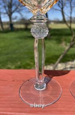 2 Vintage Yellow Bohemian Czech Cut To Clear Crystal Hock Wine Glass Goblet Stem